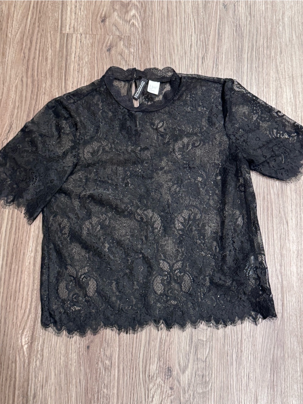 H&M Black Sheer Floral Lace Short-Sleeve Top